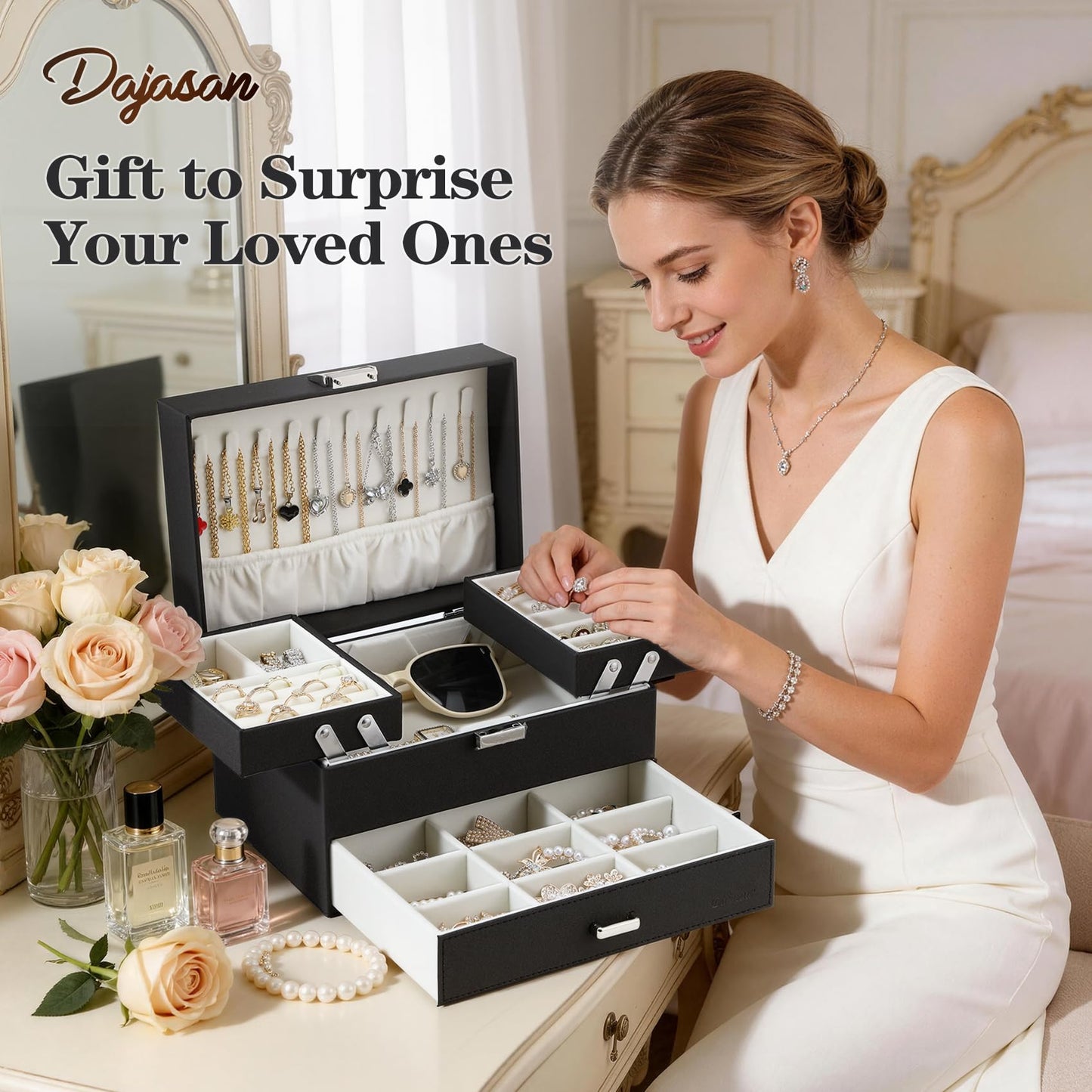 Dajasan Jewelry Organizer Box, Large Jewelry Boxes for Women Girls, Space-Saving 3 Layers Jewelry Storage Case with Drawer, Movable Metal Stand, Modern, Gift Idea (Black)