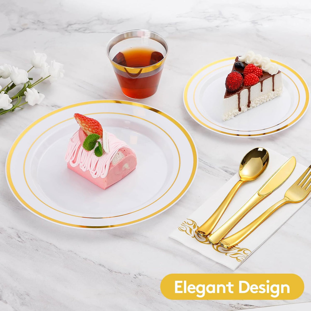Goodluck 350 Piece Gold Dinnerware Set for 50 Guests, Plastic Plates Disposable for Party, Include: 50 Gold Rim Dinner Plates, 50 Dessert Plates, 50 Paper Napkins, 50 Cups, 50 Gold Silverware Set