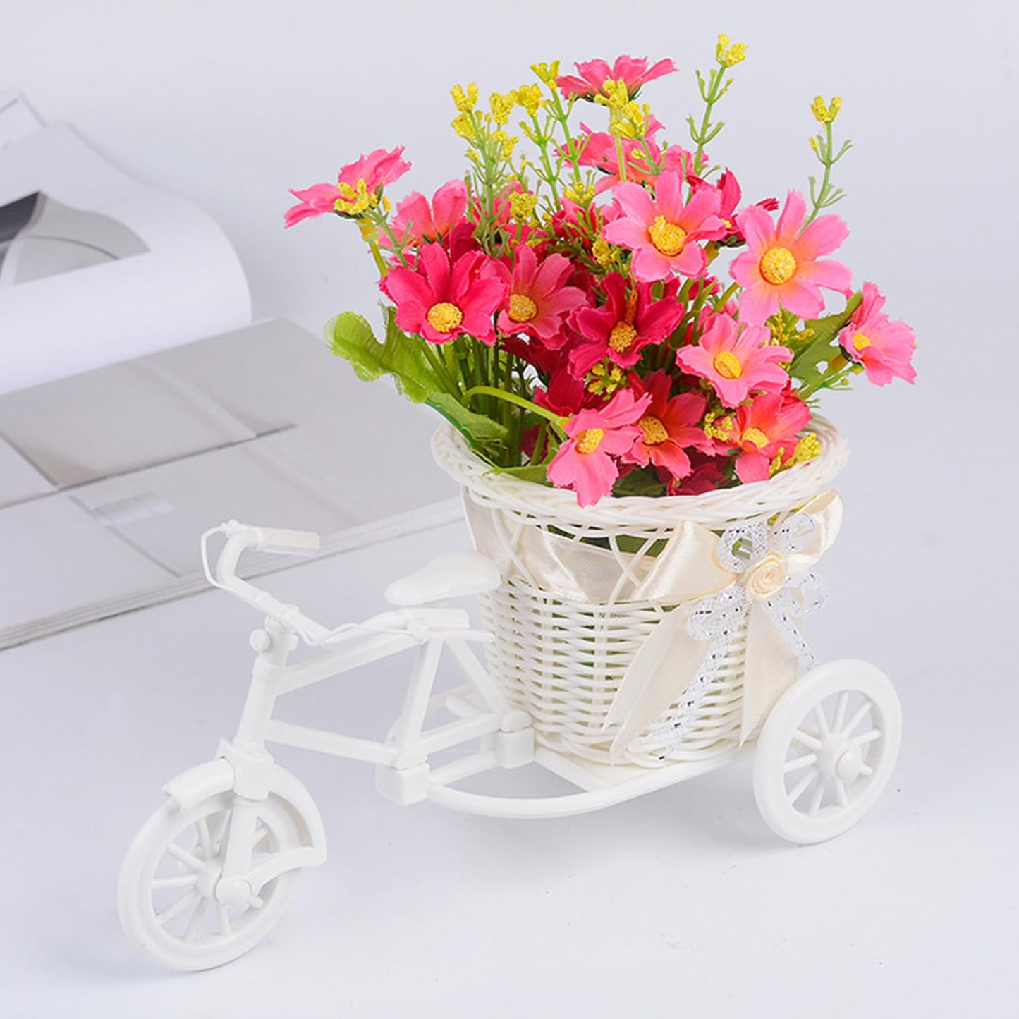 Bicycle Artificial Woven Flower Basket Tricycle Planter Decorative Nostalgic Plant Rack Flower Stand for Birthday Home Decor (Pink)