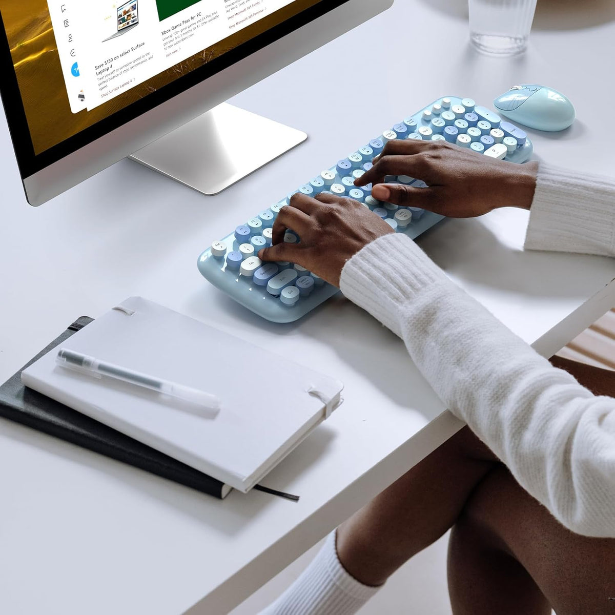 KNOWSQT Wireless Keyboard and Mouse Combo Pale Blue - Colorful 104 Key 2.4G Round Keycap Typewriter Keyboards, USB Dongle Plug and Play, for Laptop, Windows, PC, Computer, Desktop