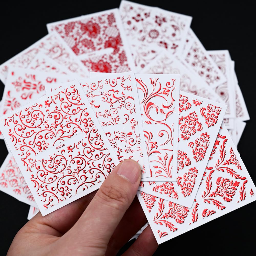 WEIXIWUYU Red Hollow Retro Floral Vine Nail Art Stickers Laser Silver Lace Design Nail Supplies 3D Self-Adhesive Nail Stickers for Women Girls DIY Manicure Slider Decorations 30 Sheets
