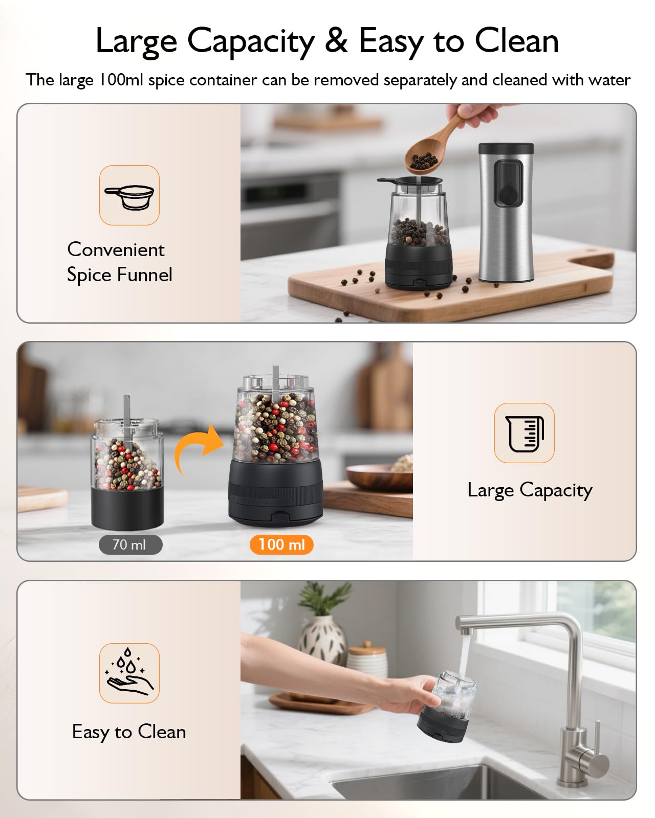 Electric Salt and Pepper Grinder Set, Upgraded 2-Speed Setting, External 5 Adjustable Coarseness, Battery Display Rechargeable Base, Stainless Steel Automatic Salt & Pepper Shakers Mill with LED Light