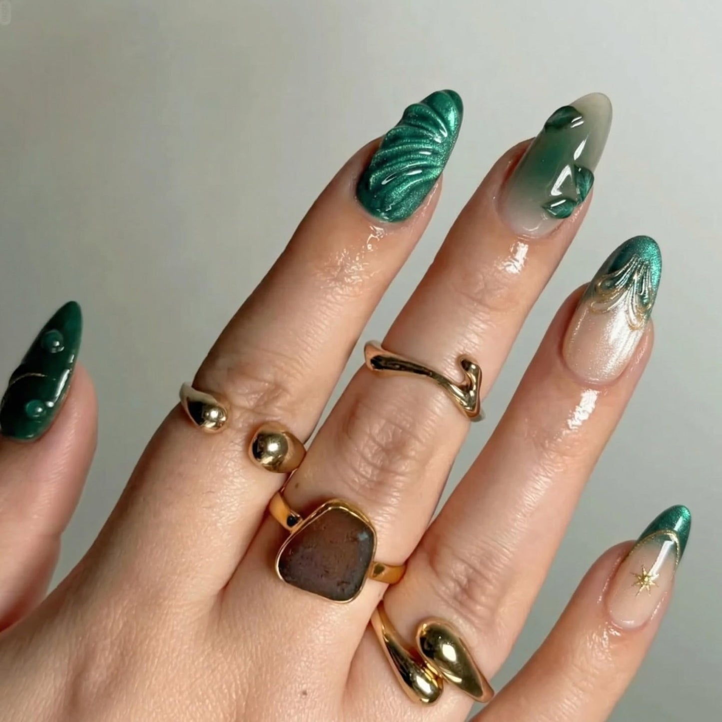 IMRAIN Handmade Press on Nails - Translucent Jade Green Jelly with 3D Leaves - 10Pcs Almond Shape Fresh Ice Glazed Nature Nails(m)