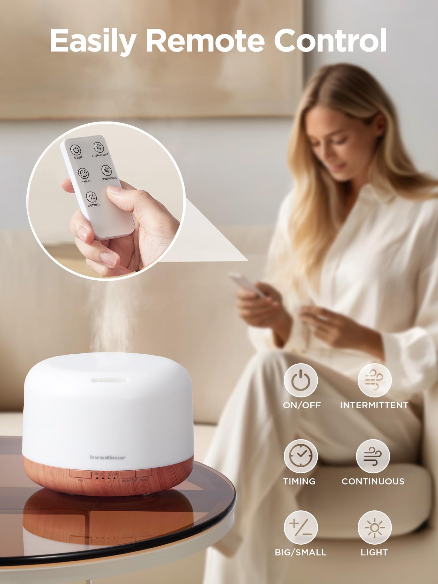 InnoGear 500ml Essential Oil Diffuser with Remote Control, Premium Ultrasonic Aromatherapy Diffusers Mother's Gift Scent Humidifier Vaporizer Auto-Off Timer for Large Room Home, Yellow