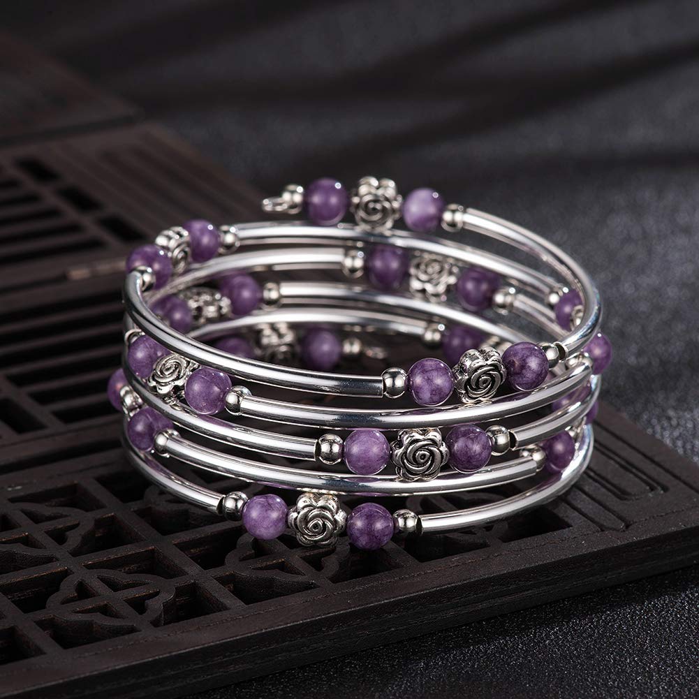 BULINLIN Wrap Bangle Rose Bead Bracelet - Beaded Bracelet with Natural Agate Stone Gifts For Women(01-Purple stone)