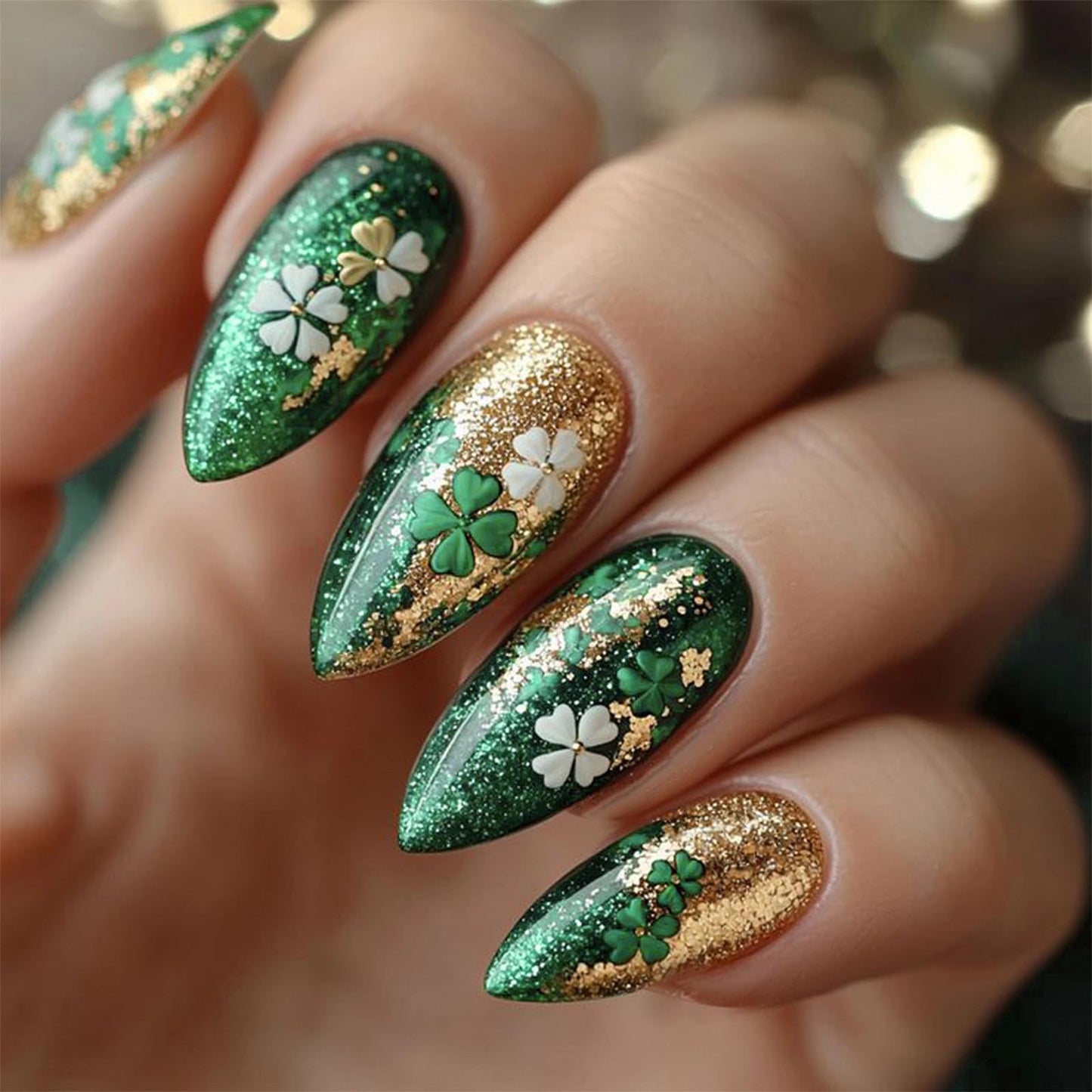 MISUD Press on Nails - Medium Almond Fake Nails with Shamrock, Acrylic Bling Green Gold Glitter Design 24 pcs