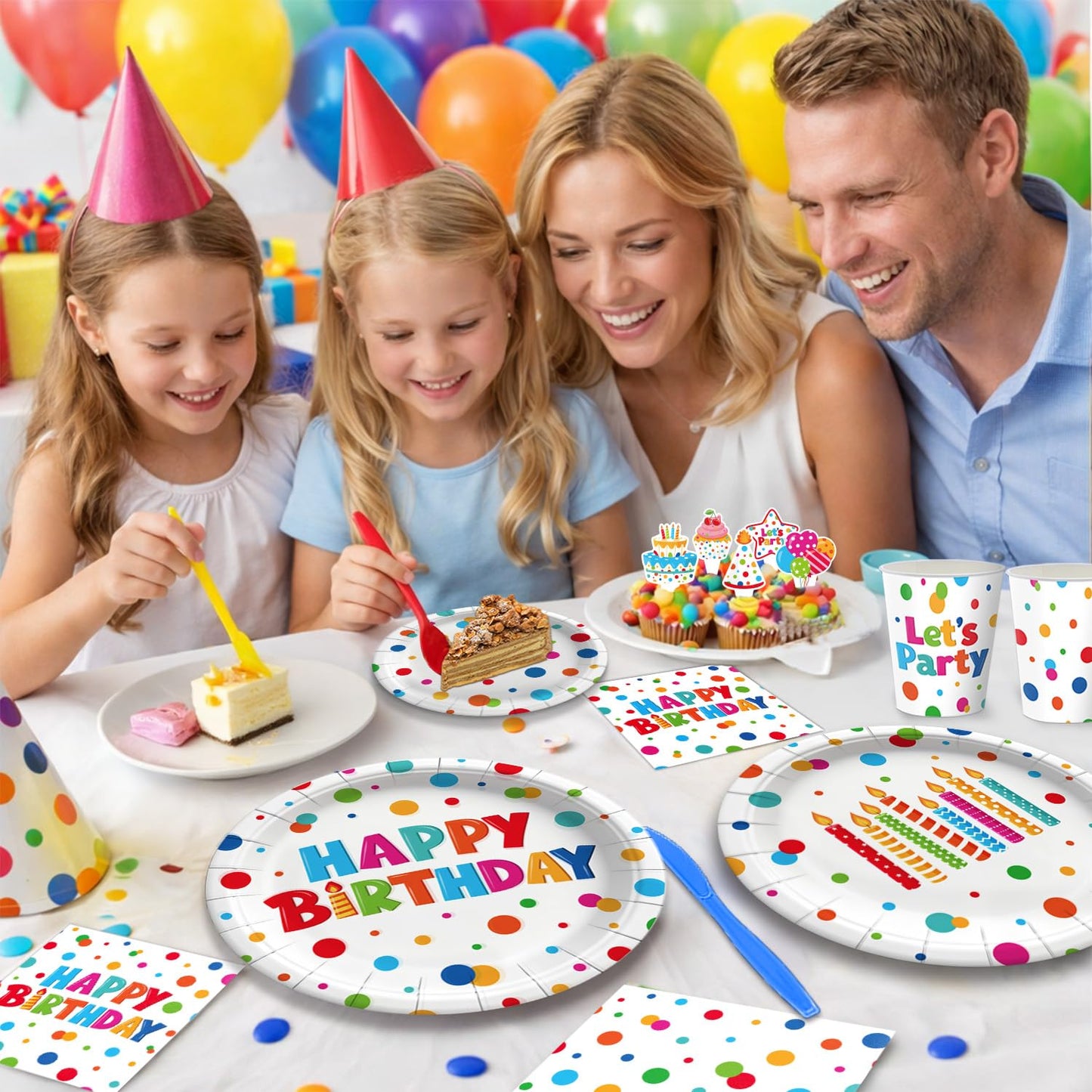 195 Pcs Birthday Party Supplies (Serves 24), Happy Birthday Party Dots Design Decorations Include Banner Hanging Plates Napkins Cups Forks Knifes Tablecloth Topper Balloons for Decorations