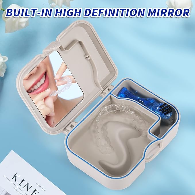 Annhua Denture Cup Bath Box Case with Mirror and Cleaning Brush, Denture Container with Brush Retainer Cleaning Case Mouth Guard Storage Soaking Cup Holder for Travel, Office, Household Use