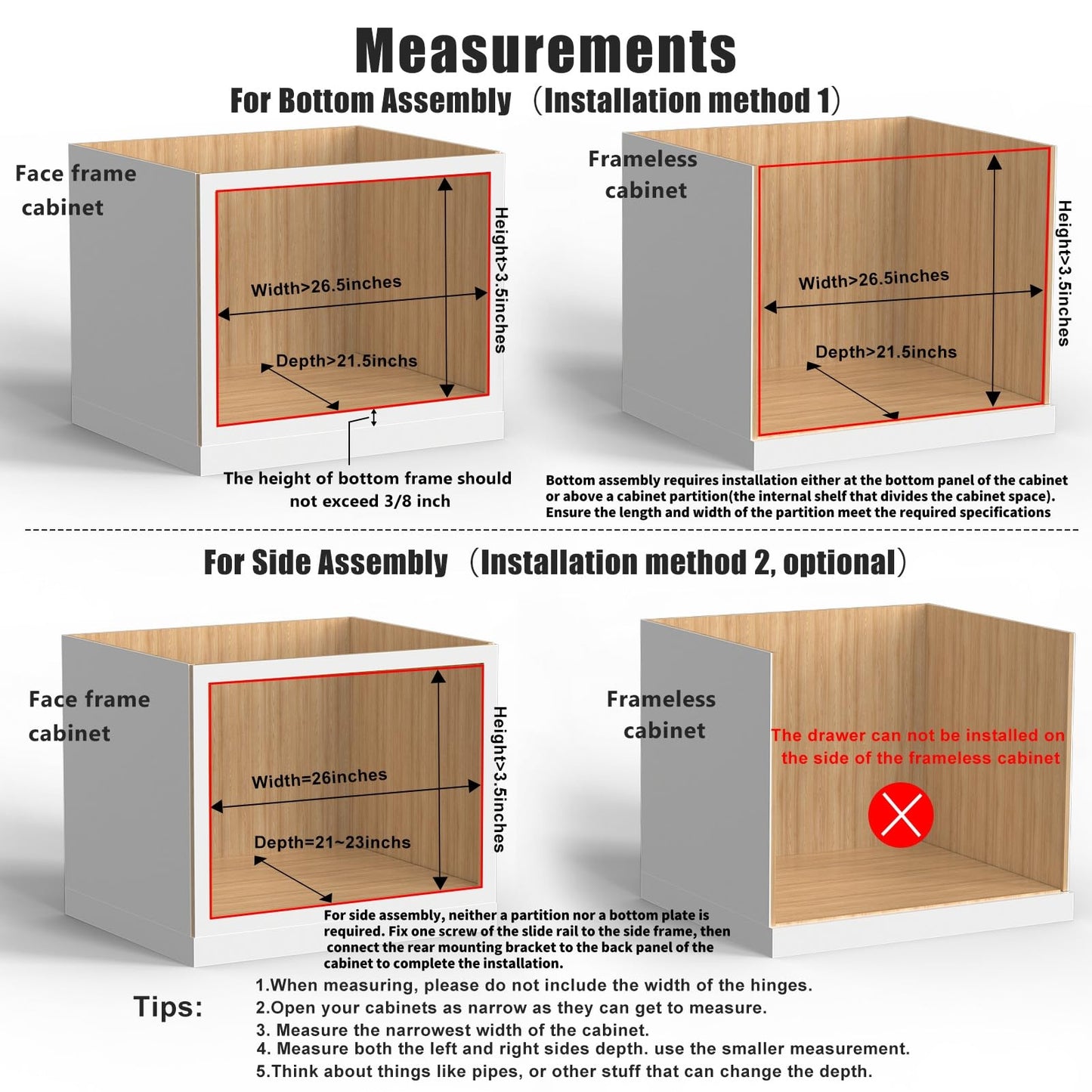 Mulush 26''W x 21''D x 3''H Pull Out Cabinet Drawer Soft Close Slide Out Wood Organizer for Kitchen, Finished, Bottom and Side Assembly (Wood Drawer Part Width is 25inch)