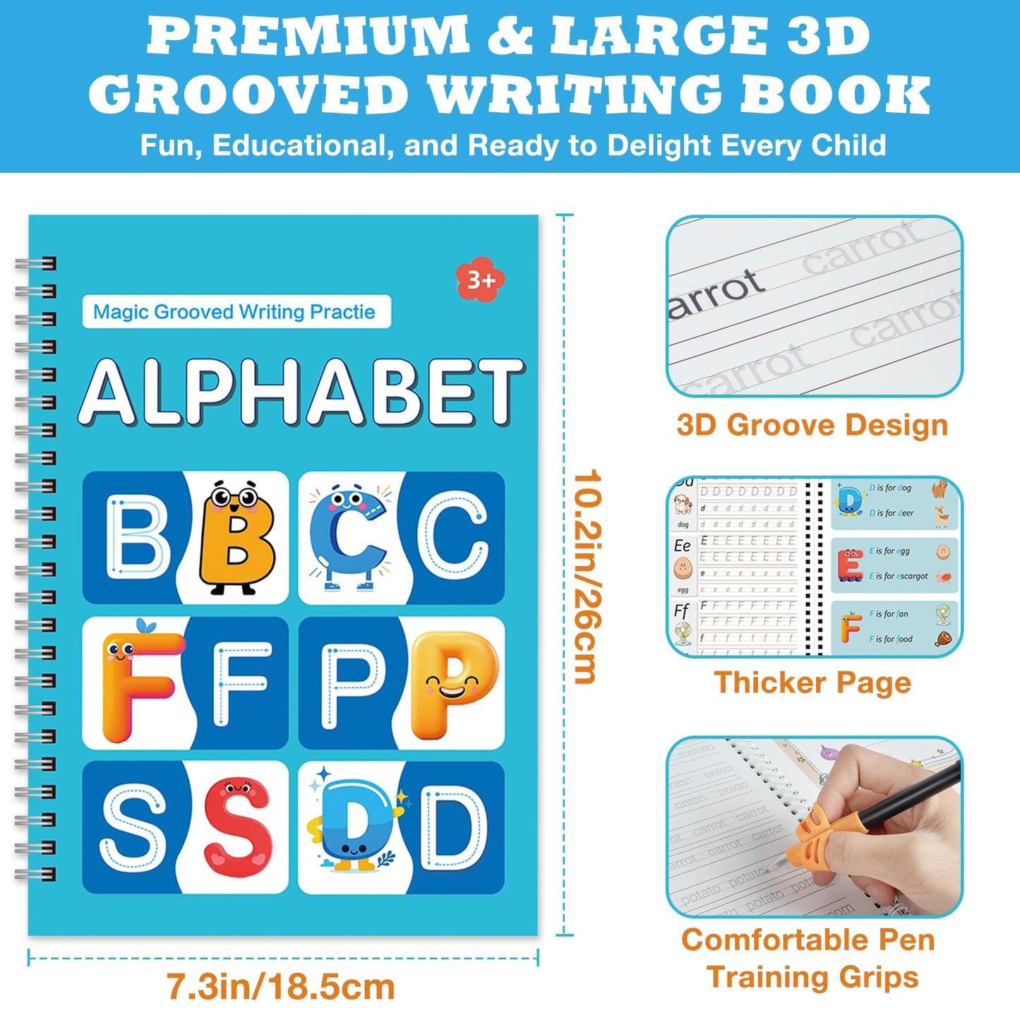 Hoarecal Magic Grooved Writing Practice Book for Kids Ages 3–8, 6 Reusable Handwriting Practice Books with 6 Pens, 12 Refills, 3 Soft Grips, Preschool Learning Activities Gifts for Boys and Girls