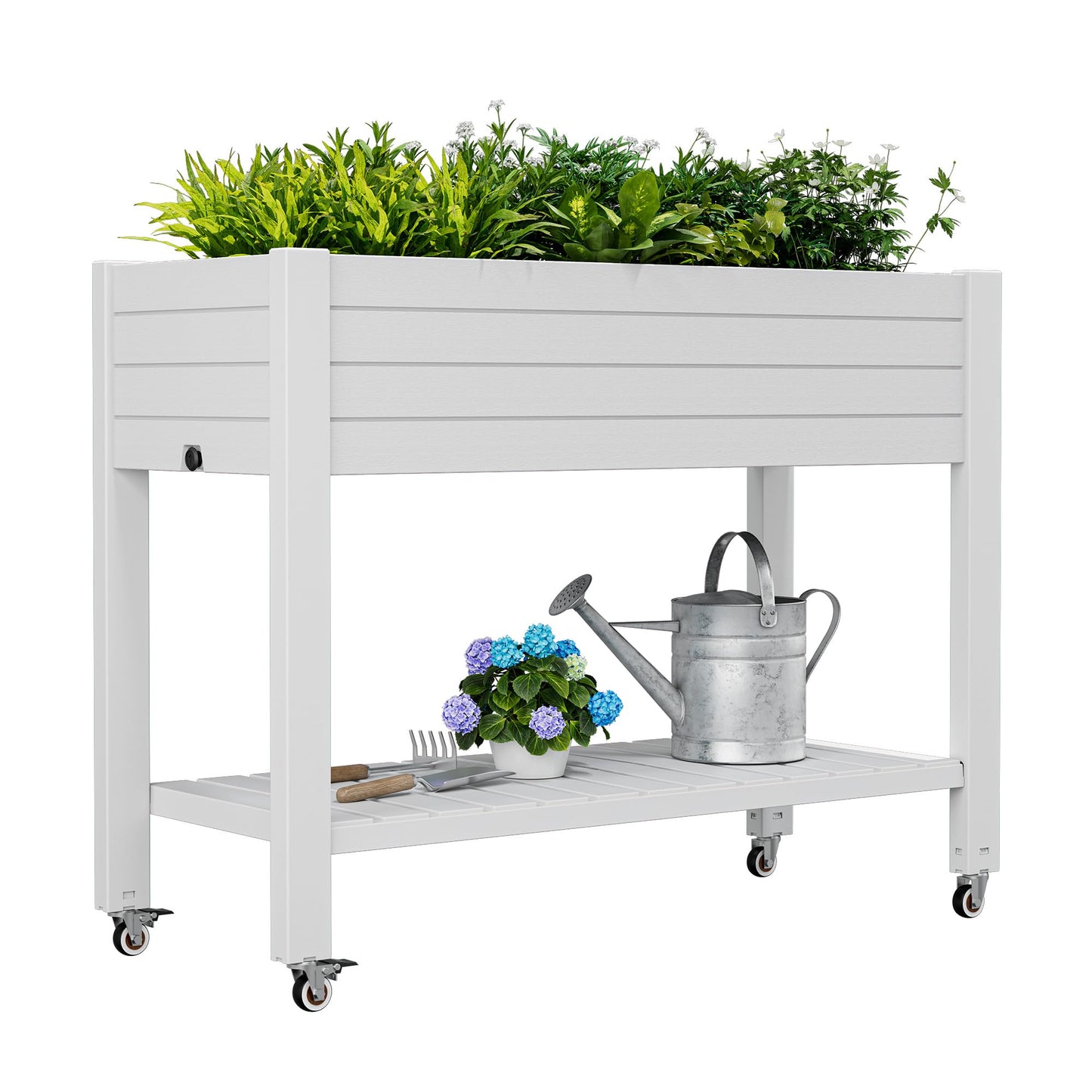 WTFGO Elevate 33.7" Tall Raised Garden Bed with Wheels, Divisible Resin Planter Box with Drainage Gauge & Storage Shelf, Herb Planter for Garden Patio Backyard, Ashen (33.7" h)