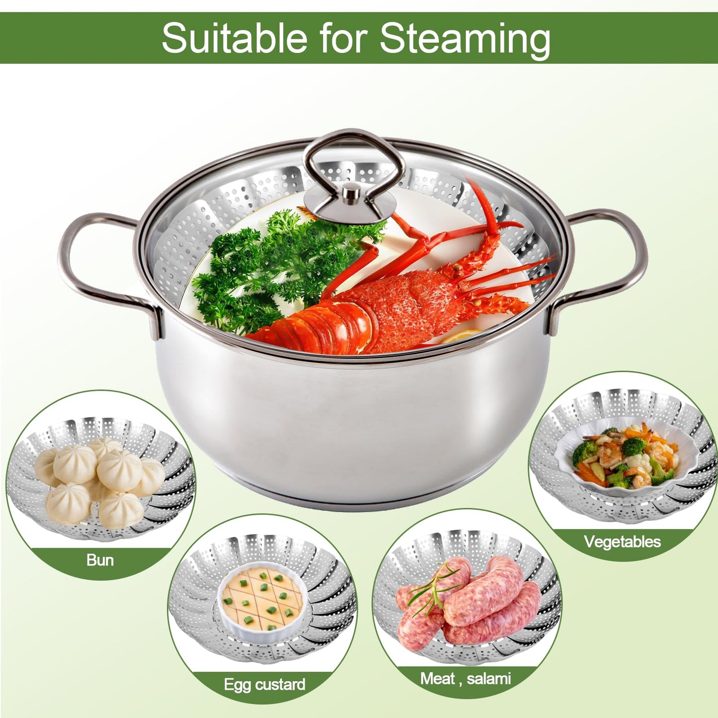 Steamer Basket for Cooking – Premium 304 Stainless Steel Steamer Basket, 3rd Gen Folding Expandable Steamers, Suitable for Cookware Pot, Fit for Fish Vegetables Pasta Eggs (Medium (6.1“ to 10.43”))