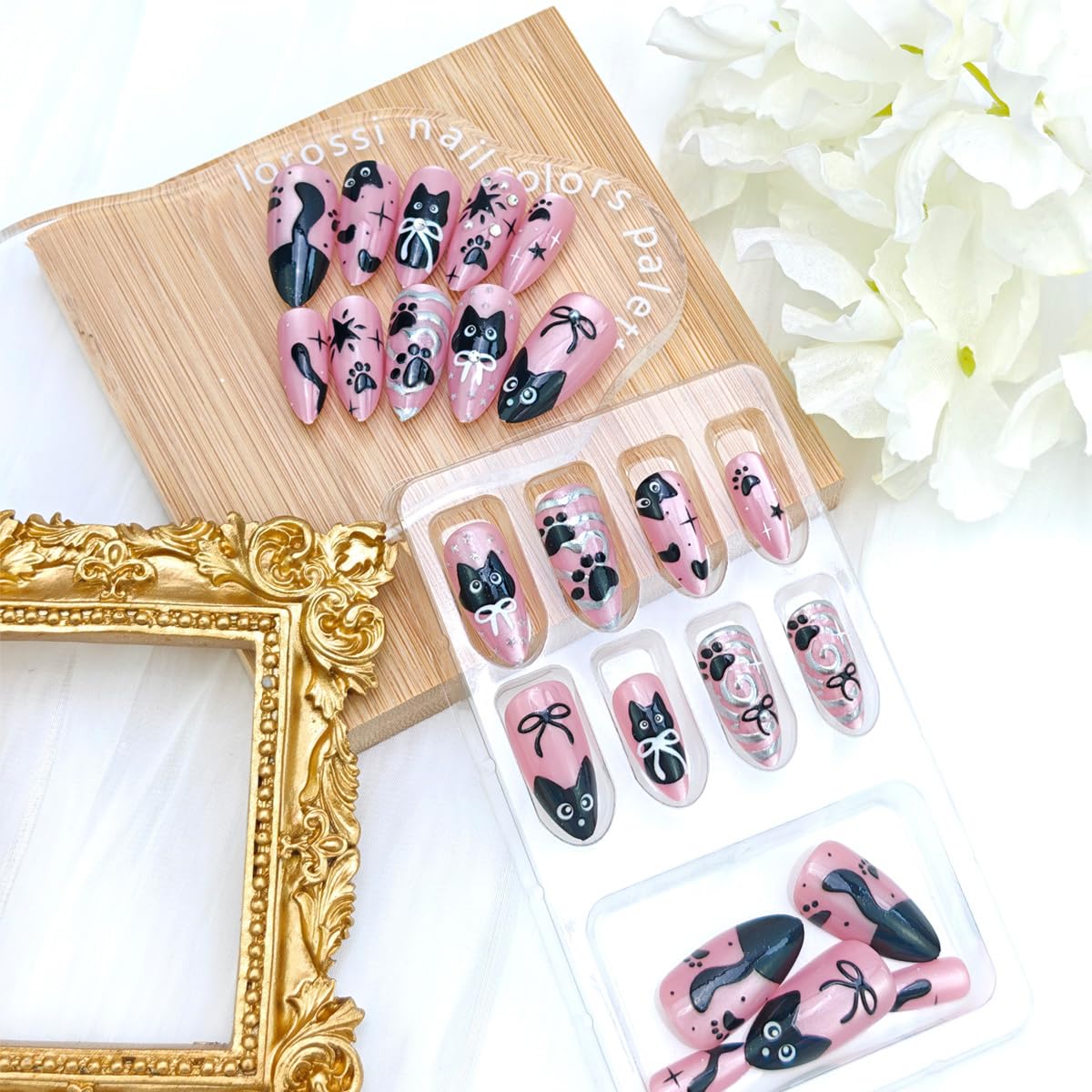 24Pcs Pink Press on Nails Medium Almond Cute Cat Fake Nails with Black Cat Bow Pearl Design Glossy Full Cover Acrylic Glue on Nail Silver Heart False Nails Artificial Reusable Stick on Nail for Women