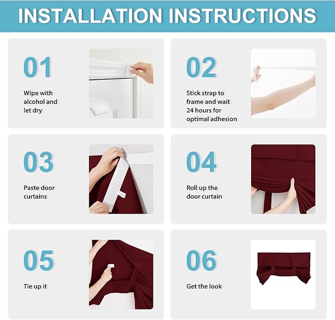 RYB HOME Blackout French Door Curtain - Privacy Thermal Insulated Window Shades for Patio Kitchen Front Entry Back Door Glass Window, Self Adhesive No Drill, 1 Panel, 26" W x 72" L, Burgundy Red