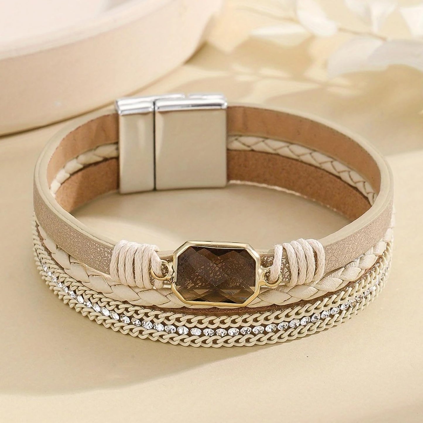 Leopard Bracelet for Women, Boho Leather Wrap Multi-Layer Pearl Crystal Bracelet Bangle Jewelry(Square Crystal(Beige))
