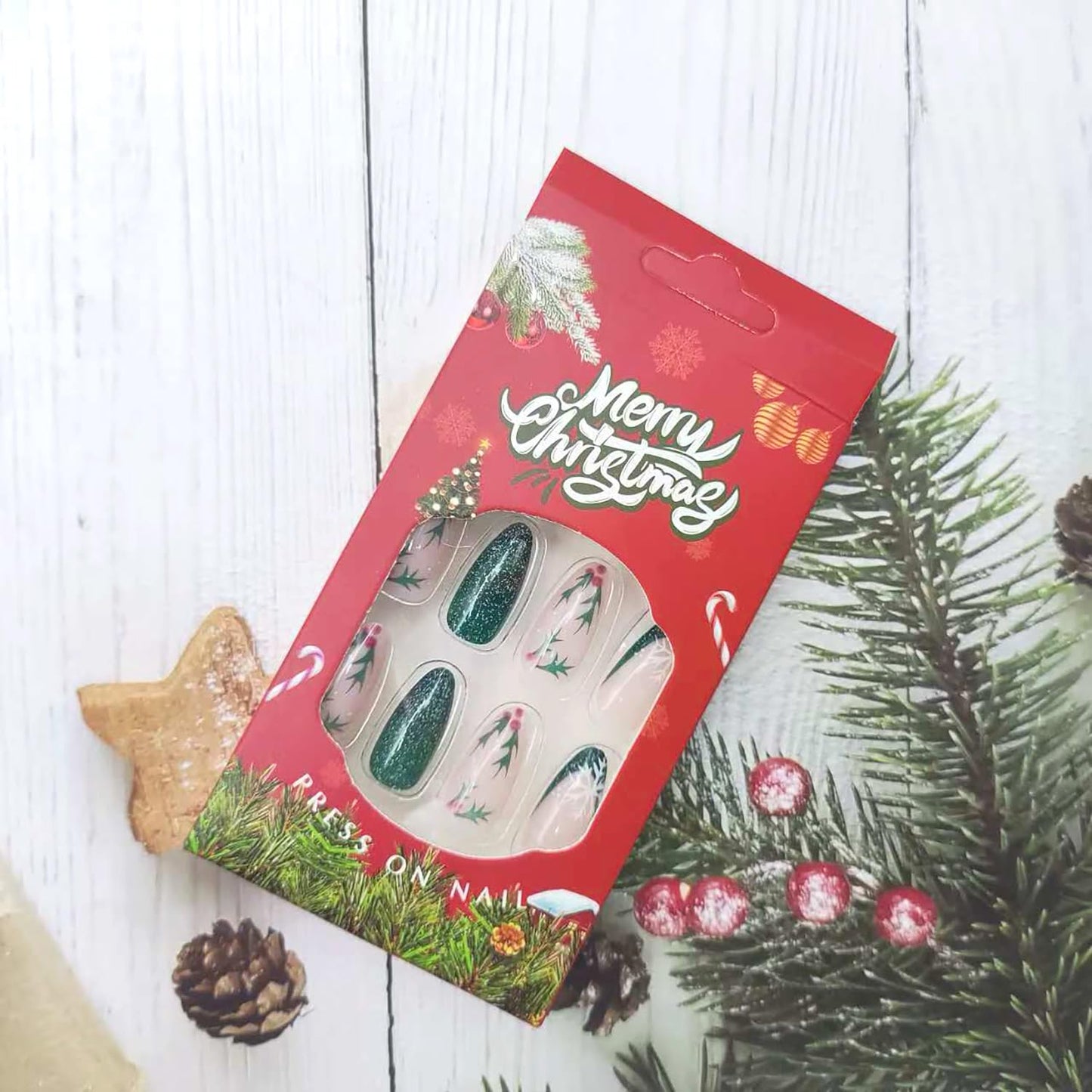 24Pcs Christmas Green Press on Nails Stiletto Almond Fake Nails Snowflake Designs Christmas False Nails Cute Flower Gradient Stick on Nails Full Glitter Glue on Nail for Women Manicure Art