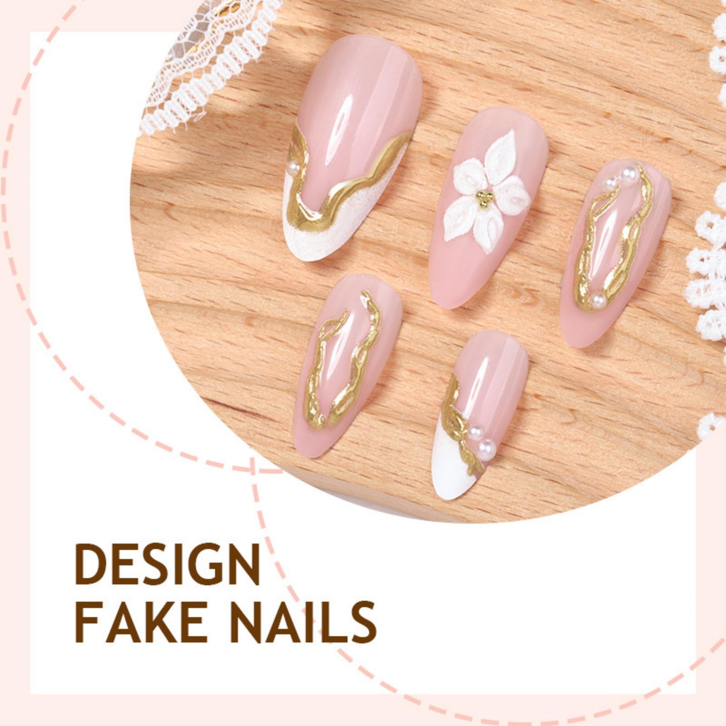 Almond Press on Nails Medium Fake Nails French Artificial Nail White Flowers and Gold Charm Stick on Nail for Women 24pcs