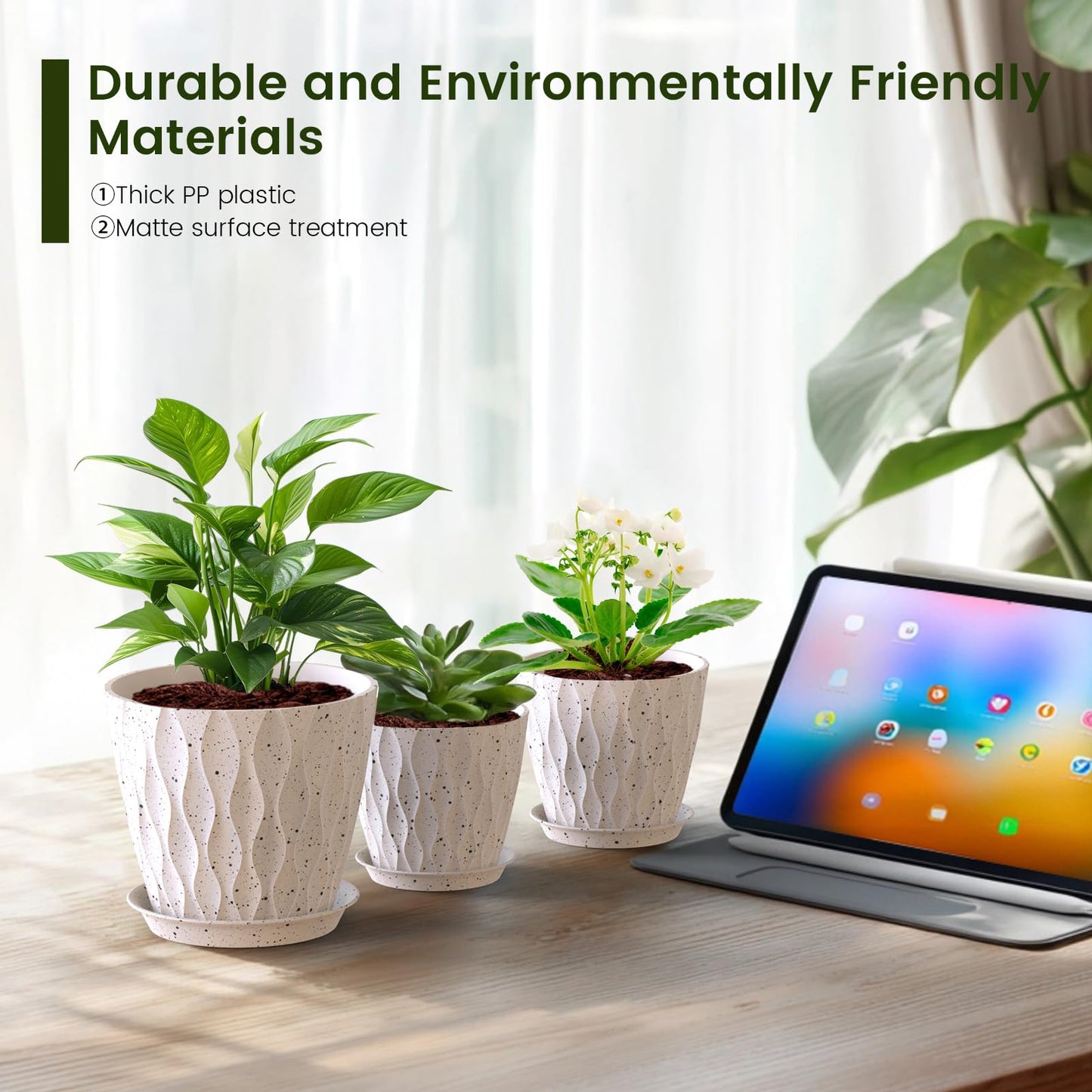 Meowell 7/6.5/6/5.5/5/4.5/4 inch Plant Pots for Indoor Outdoor Plants, 7 Pack Thick Flower Pots with Drainage Holes and Saucers, Modern Wave Texture Plastic Planters Nursery Pots, Speckled White