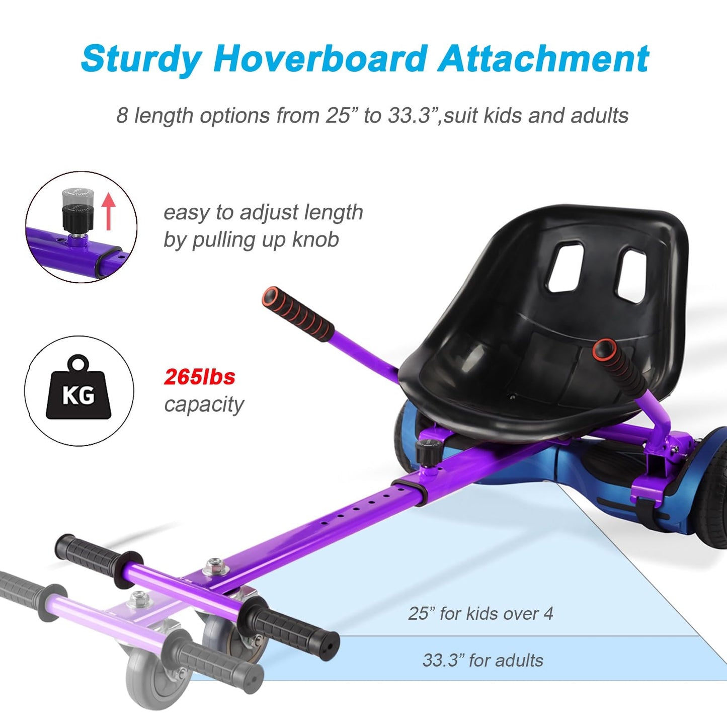 Hishine Hoverboard Seat Attachment 265lbs Capacity, 25"-33.3" Adjustable Length Hover Board Go Kart Accessory w/Comfortable&Sturdy Seat,Go Cart Compatible with 6.5” 8” 10” Hoverboard,Kids Adults