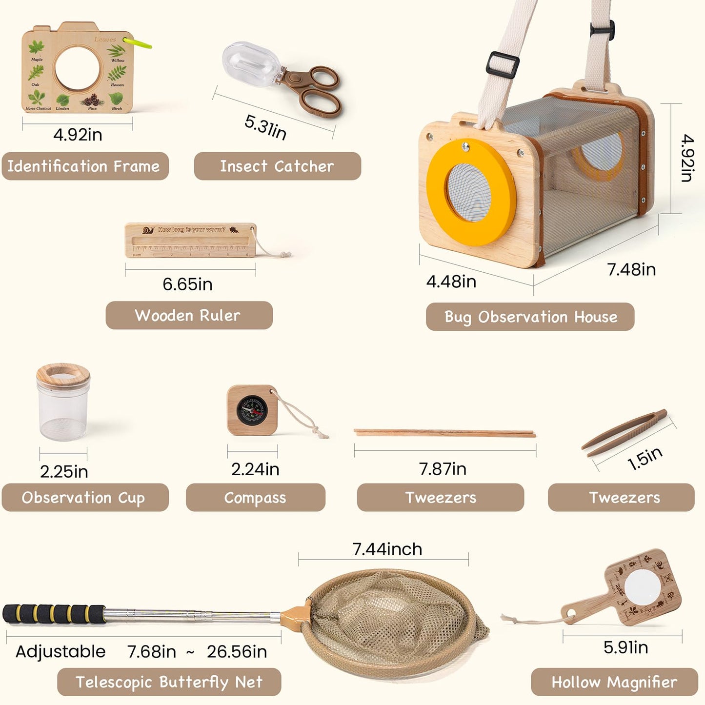 Wooden Bug Catcher Kit for Kids 3-8, 10PCS Outdoor Explorer Set with Bug House, Butterfly Net, Magnifier & Tools, Catch & Release STEM Nature Kit, Non-Plastic Educational Gift for Boys & Girls
