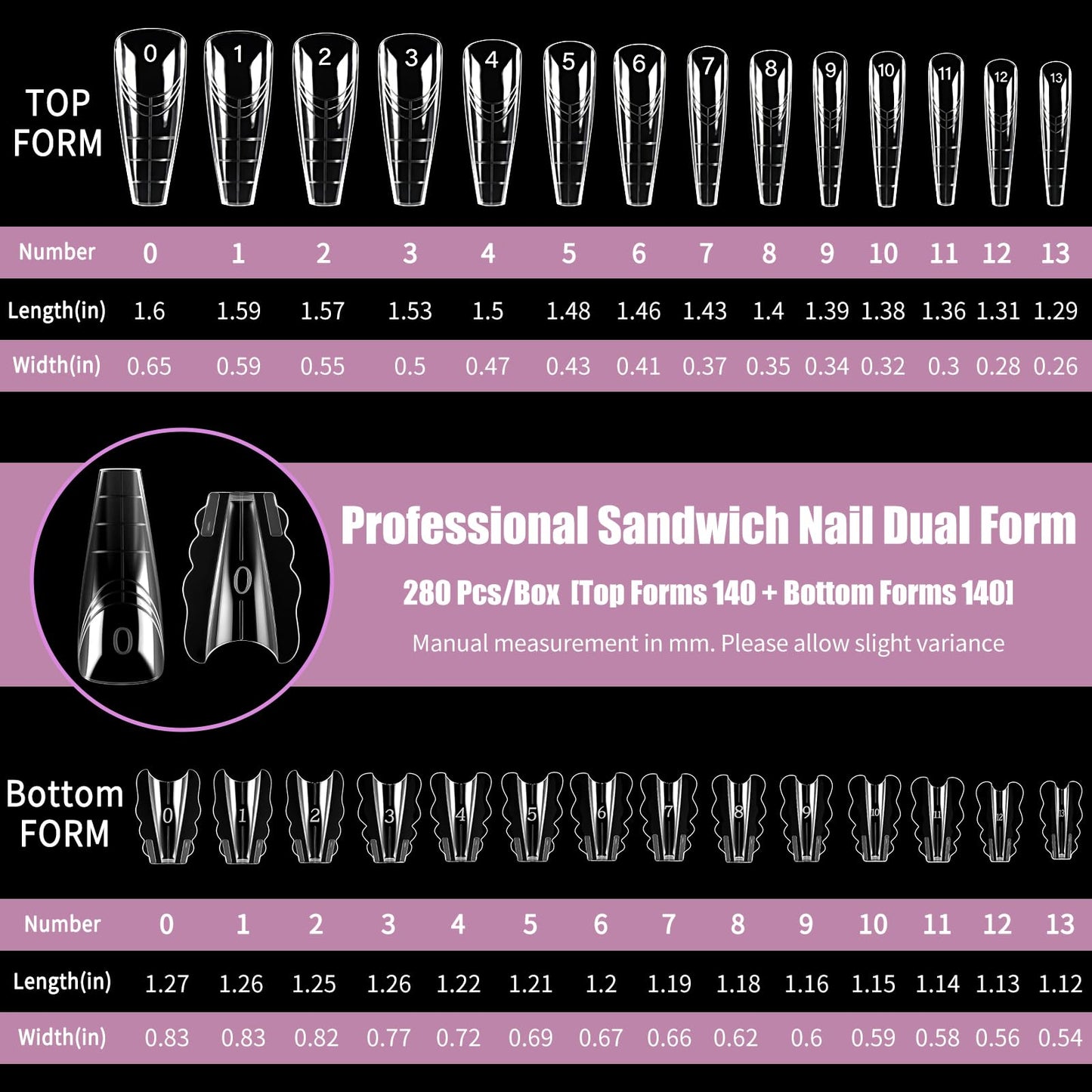 Vnjaoi 280 Pcs Original Sandwich Nails Dual Form with Guide Lines Long Ballerina Nail Mold for Builder Gel Nail Extensions Art Design Salon DIY at Home