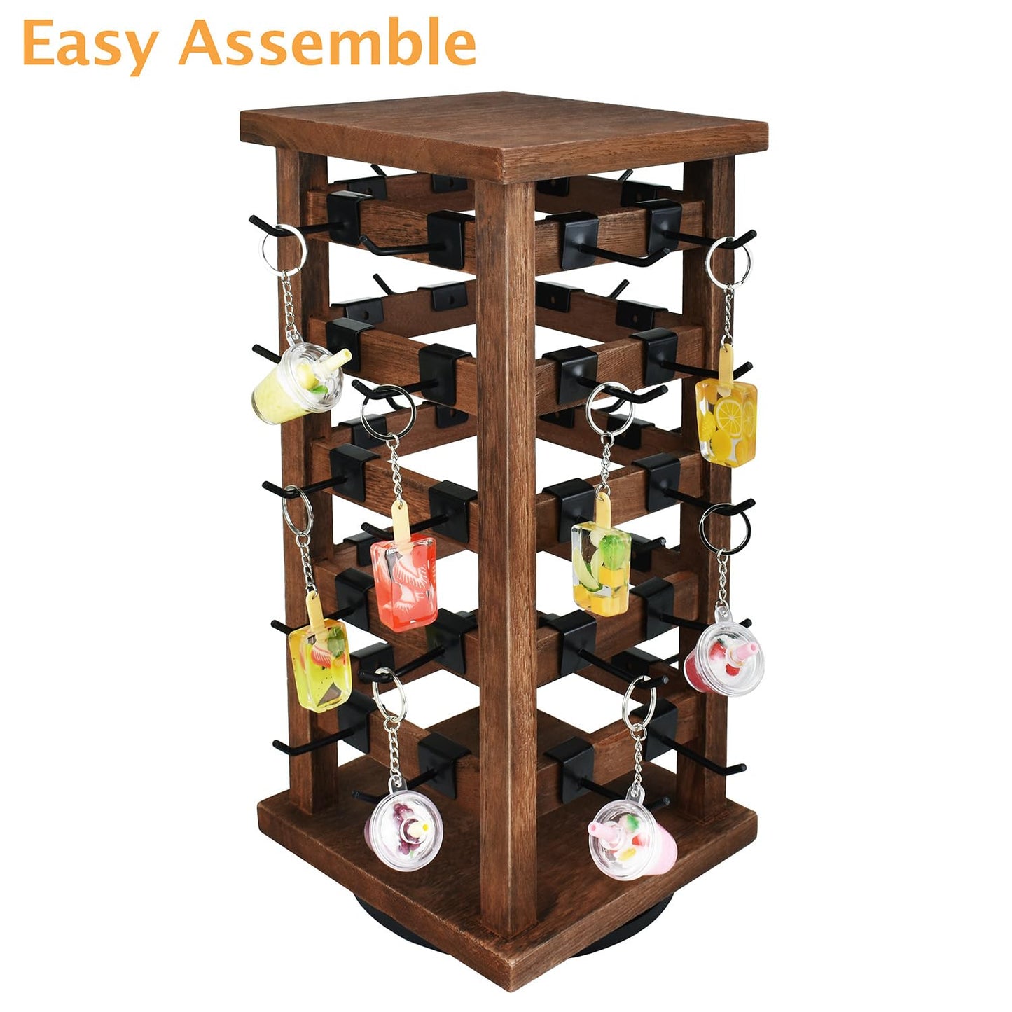 Ikee Design 5 Tiers Easy Assemble Wood Rotating Jewelry Display Tower with 42 Removable Hooks,Spinning Earring Card Storage Display Stand for Store, Showcase, Tradeshow and Home,Brown Color