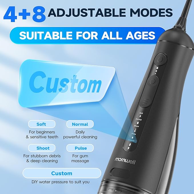 Mornwell Water Dental Flosser Cordless for Teeth Cleaning, 5 Modes Waterproof Oral Irrigator, 300ML Rechargeable Gum Braces Flossers Cleaner, Portable Electric Flossing Machine for Travel Home (Black)