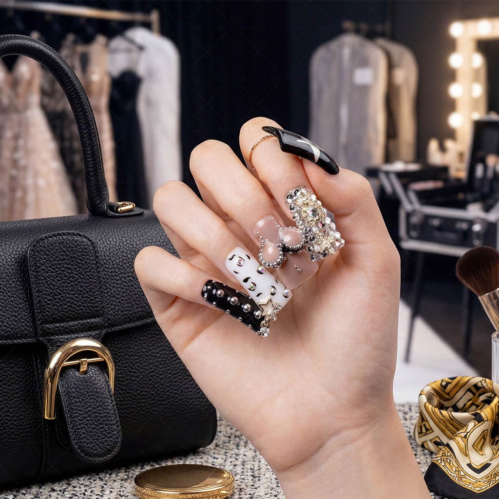 IntoVibes 10 Pieces Luxury Acrylic Press On Nails Long Handmade Duck Nails, White And Black Thickened False Nails, Exaggerated Lips And 3D Dollar Sign, Reusable Fake Nails, Acrylic Nails (M)