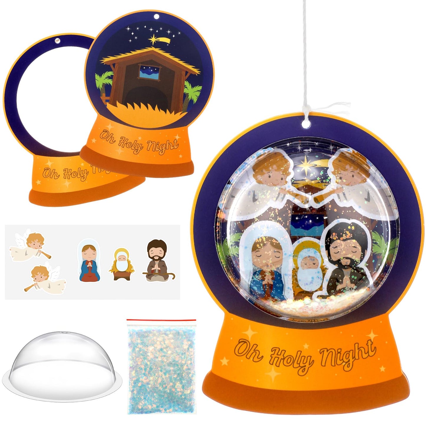 Threehoney 24 Pack Easter Nativity Craft Kit for Kids Toddler Jesus Birth Advent DIY Snow Globe Hanging Ornament with Glitter Sequin Paper Religious Holiday Classroom Decor(Holy Night,Gold)