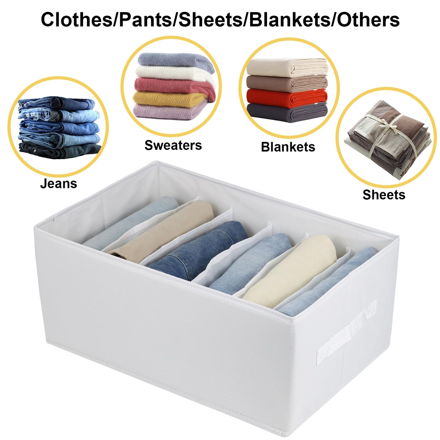 Extra Large Clothes Closet Organizer 6 Compartments for Jean Sweater Sheets to Shirt - Divided Clothing Storage Boxes for Closet, Wordrobe, Bedroom, Shelf (4pc White)