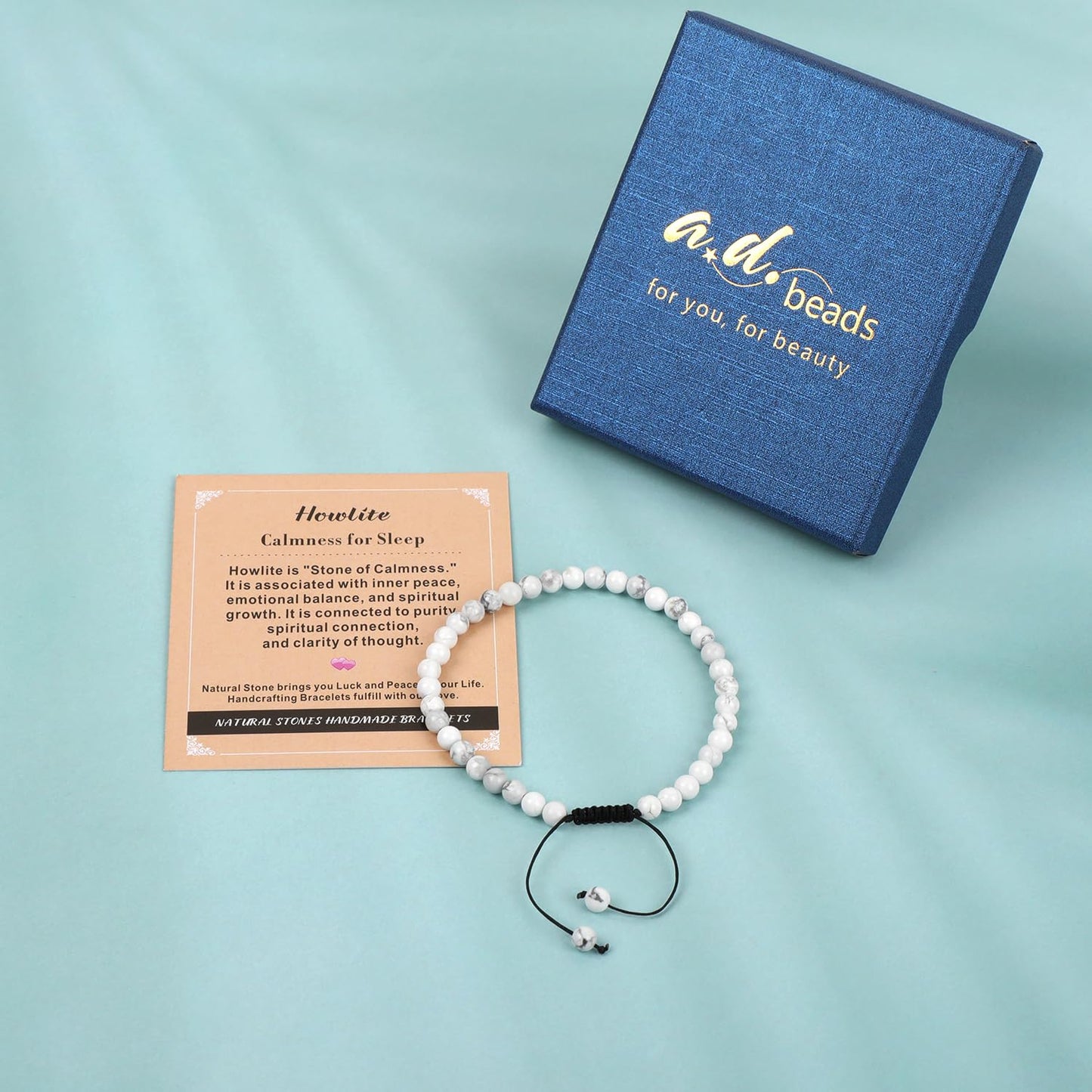 AD Beads 4mm Howlite - Calmness for Sleep - Handmade Natural Stone Crystal Bracelet with Adjustable Macrame String - Yoga Healing Power Energy Gifts for Men and Women