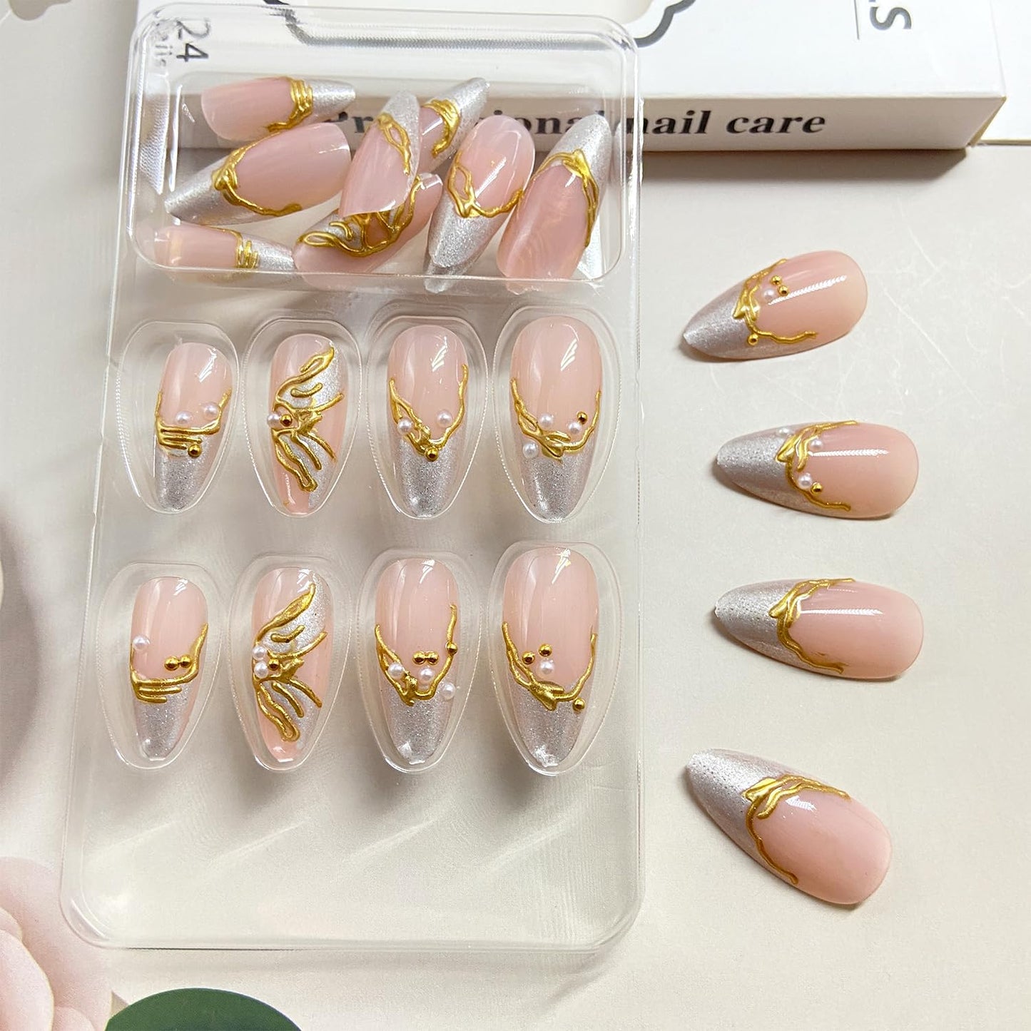 Gold Irregular Pattern Press on Nails Glitter French Tip Fake Nails with Pearl Design Long Almond False Acrylic Nail Glossy Full Cover Artificial Glue on Nail for Women DIY Manicure