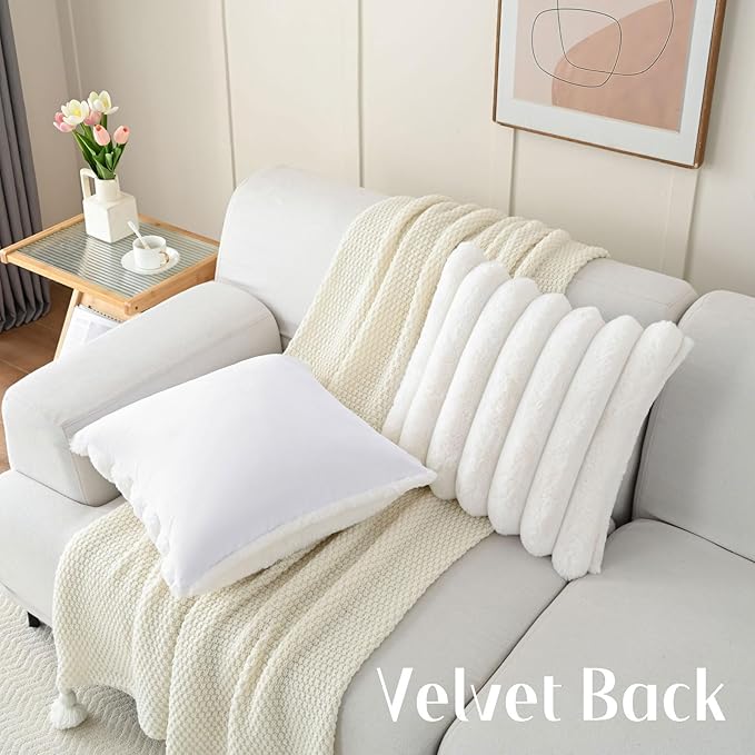 FUTEI Cream White Decorative Throw Pillow Covers 16x16 Inch Set of 2, Square Soft Faux Rabbit Fur Thick Striped Cushion Cover,Winter Home Decor for Couch Bed Living Room