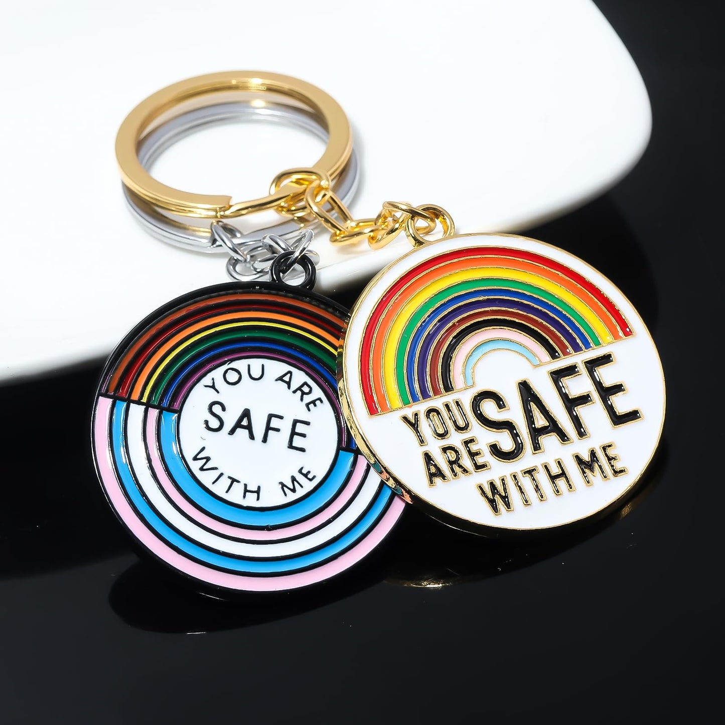 FunBoat “You Are Safe With Me” Keychain, Pride Gift for LGBTQ Friends, Safe Space Ally Rainbow Key Chain, Inspirational Keyring (Rainbow1+2)