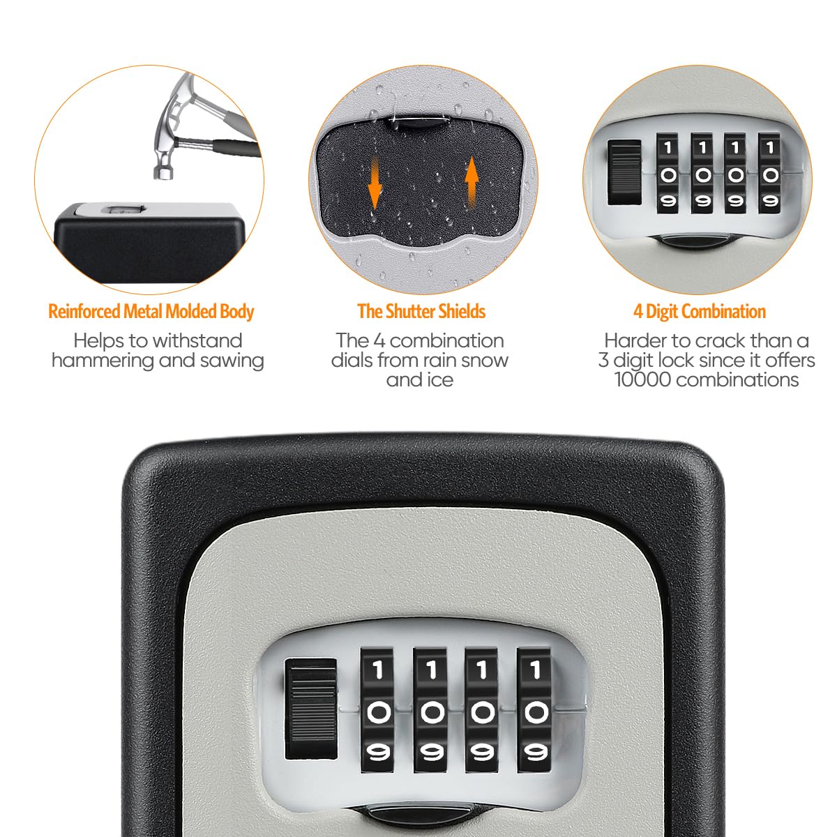 Key Lock Box Wall Mounted, Fayleeko 4 Digit Combination Lockbox for Outside, House Keys - 5 Keys Capacity, Key Safe Security Storage Lock Box for Indoor, Outdoor, Garage, Garden, Store (Grey, 1Pack)