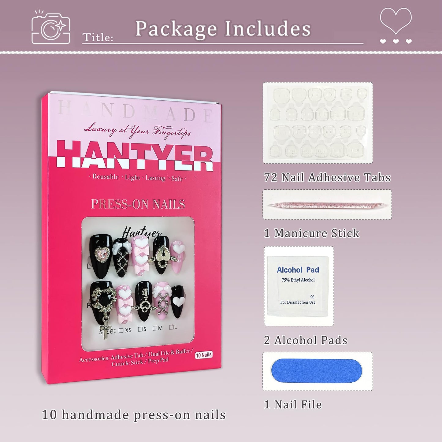 Hantyer 10Pcs Y2K Press on Nails with Tools Kit, Medium Almond Glossy Nails in Pink & Black, Handmade Nails with 3D Metal Charms (Heart/Cross) & Rhinestones, Edgy Punk Style for Women(Size M)