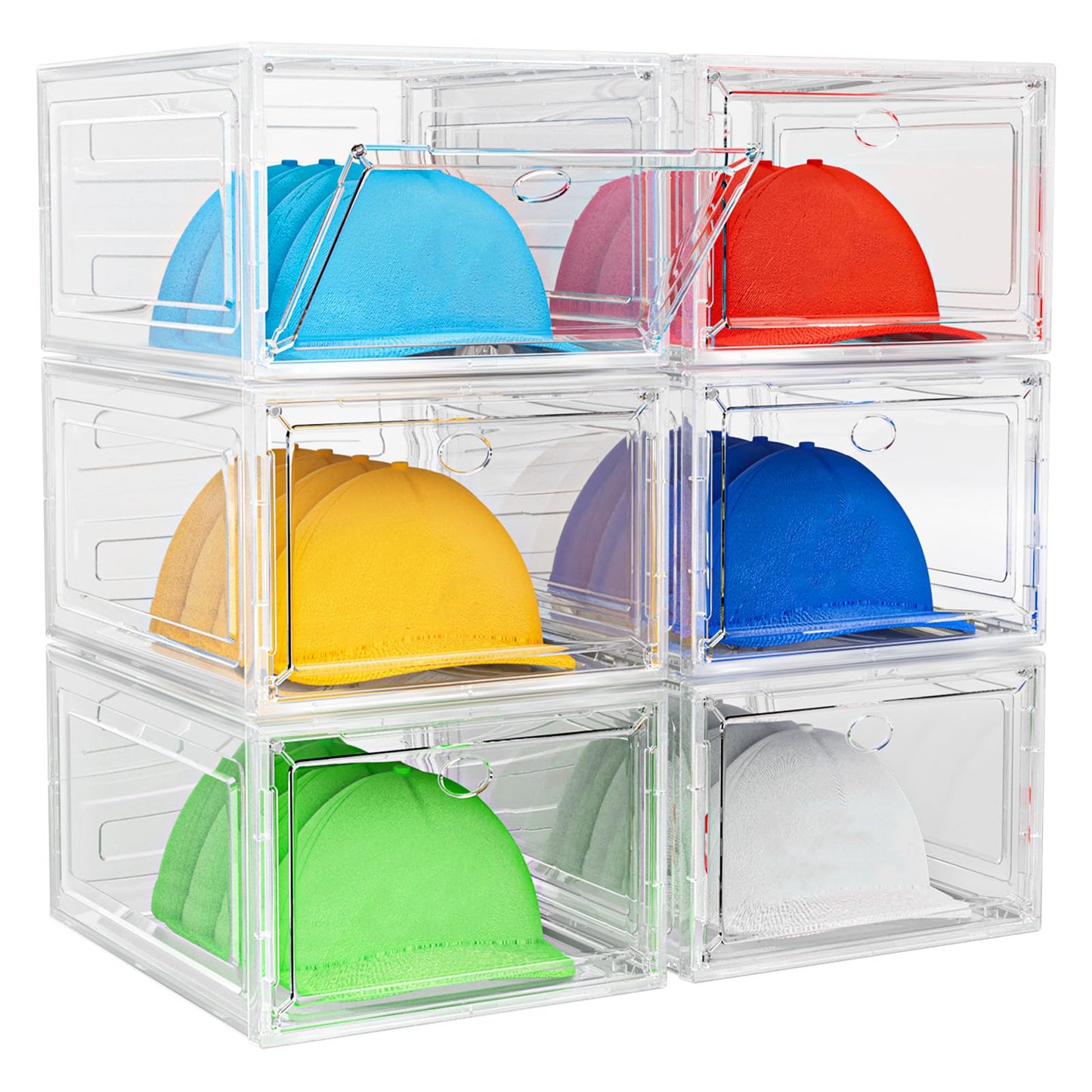 YKLSLH Hat Organizer Box, 6 Boxes for 40 Pack Hats, Upgrade Harder Solid Plastic Hat Organizer for Baseball Caps, Clear Hat Storage with Magnetic Door, Hat Rack Holder Case, White