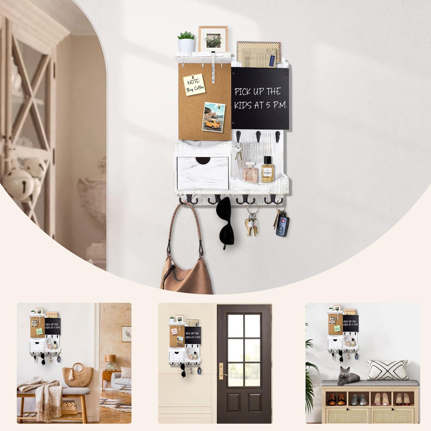 HEKOOLA Key Holder Wall Mount， Mail Organizer Key Holder for Wall with Shelf, Drawer, Chalkboard, Corkboard, Home Decor Wall Mounted for Room Entryway(Whitewashed)