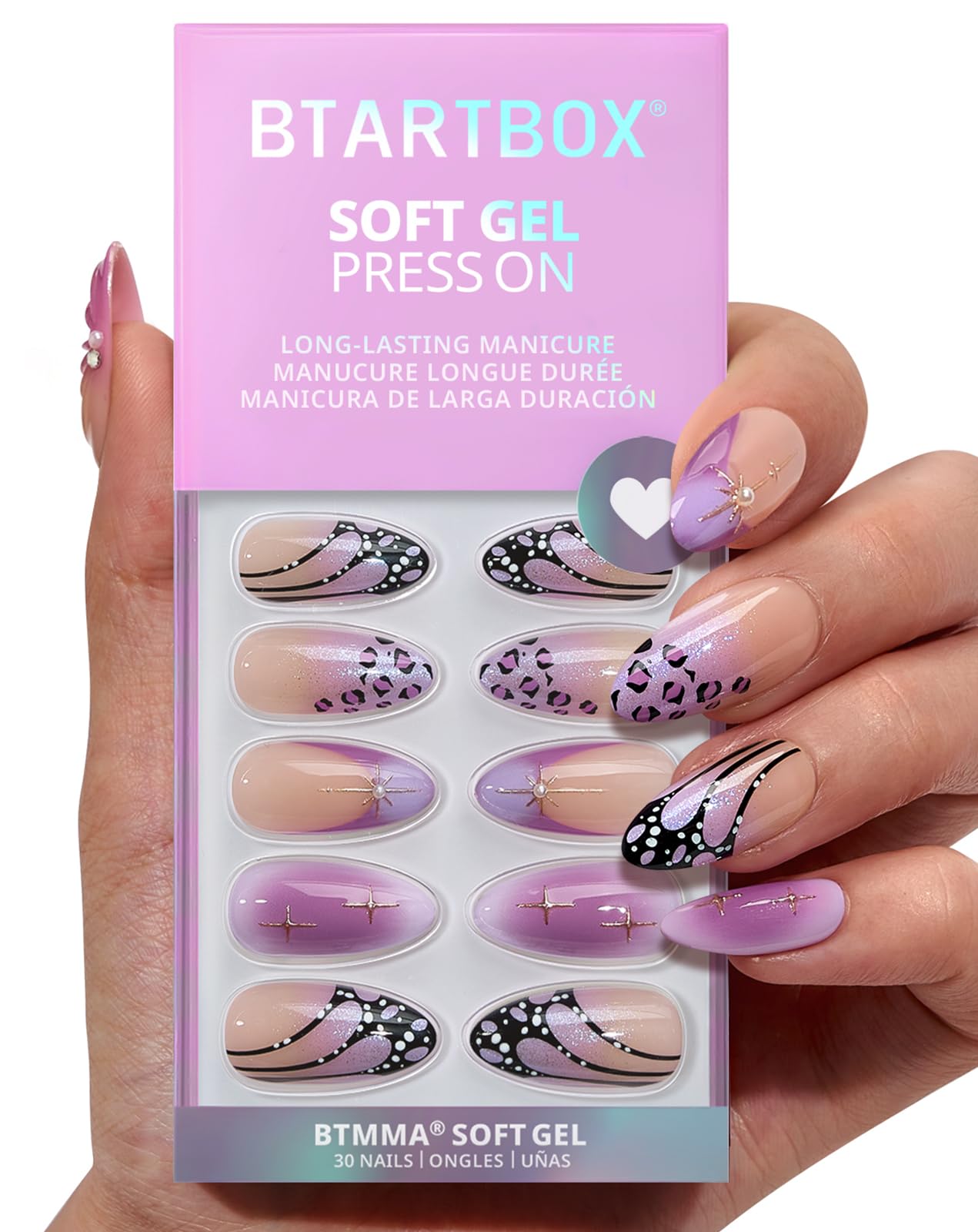 BTArtbox Press On Nails Medium - 3D Purple Butterfly French Tip Almond Press On Nails with Glue for Women, Opaque Soft Gel Glue On Nails in 15 Sizes - 30 Stick On Nails Kit, Flutter Besties