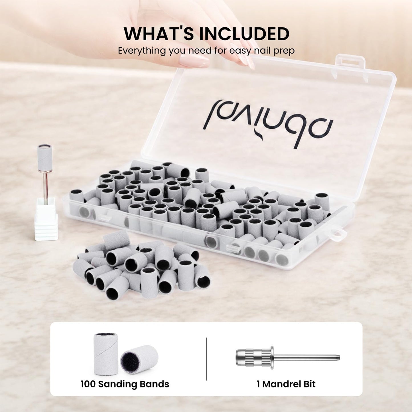 Lavinda 100 Psc Nail Drill Bits Sanding Bands for Nail Drill, 120 Grit Nail Bits for Nail Drill for Acrylic Shaping, Gel Polish Smoothing & Surface Refining Medium-White