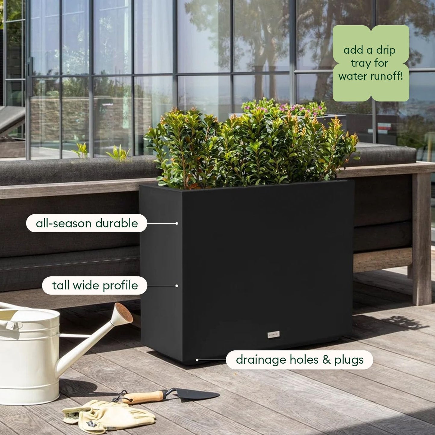 Veradek Block Series Span Plastic Planter - Tall Rectangular Planter for Indoor or Outdoor Patio/Porch | Durable All-Weather with Removable Insert Bucket | Modern Design for Plants, Flowers(2 Pack)