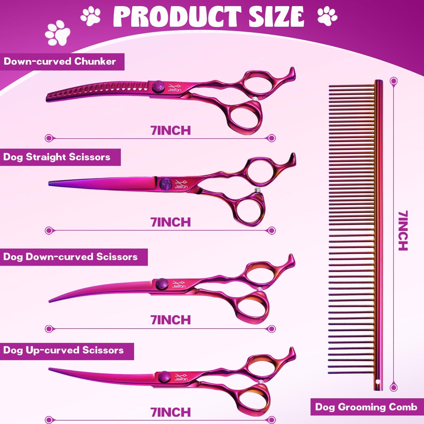 JASON Dog Grooming Scissors Set - Professional 6 in 1 Dog Shears Set - 7" Curved Chunker, 7" Straight, 7" Up-Curved, 7" Down-curved Scissors and Comb for Dog Cat Pet with Adjustable Screw