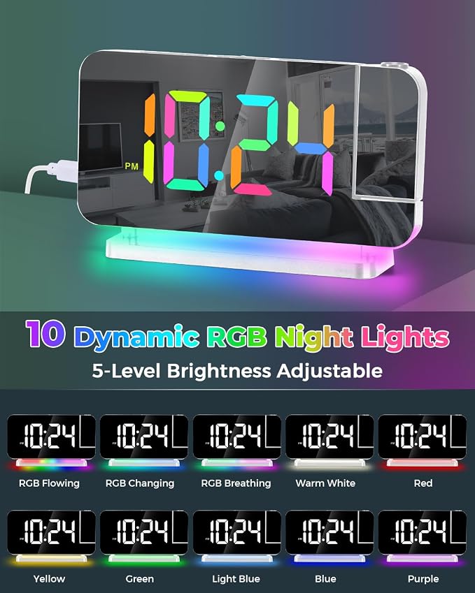 SZELAM Projection Alarm Clock,7.4" LED Mirror Digital Clocks Large Display,with 180° Rotatable Projector,RGB Night Light,USB C Port,Auto Dimming,Modern Desk Clock for Bedroom Decor - White