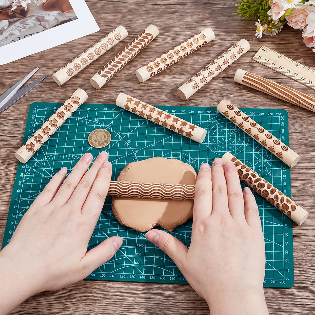 NBEADS 10 Pcs 10 Styles Clay Texture Rollers, Ceramics Potters Stamp Roller Tools Textured Rolling Pins for Slab Building Sculpting Handmade Craft Art DIY Design, 4.37x0.63 inch