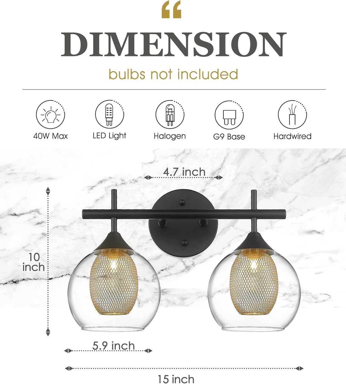 Black and Gold Bathroom Light Fixture, Farmhouse Wall Sconce Lighting with Clear Glass and Honeycomb Metal Shade, 2-Light Black Brass Vanity Light Over Mirror, AD-22001-2W-BK