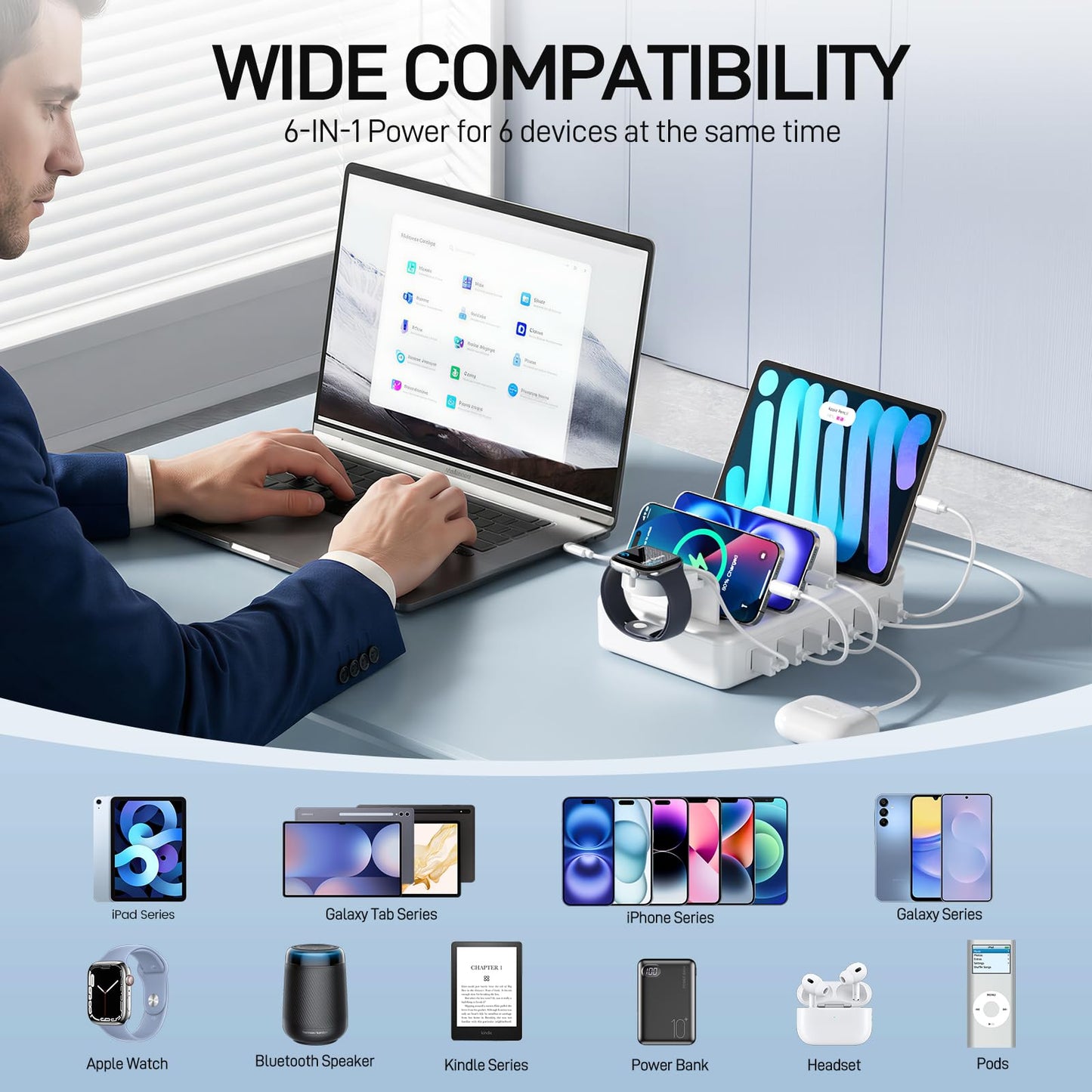 CREATIVE DESIGN Charging Station for Multiple Devices, 50W 6 Ports Charging Dock with 6 Cables Compatible with Cellphone,Tablet, Kindle, Apple Watch and Other Electronic