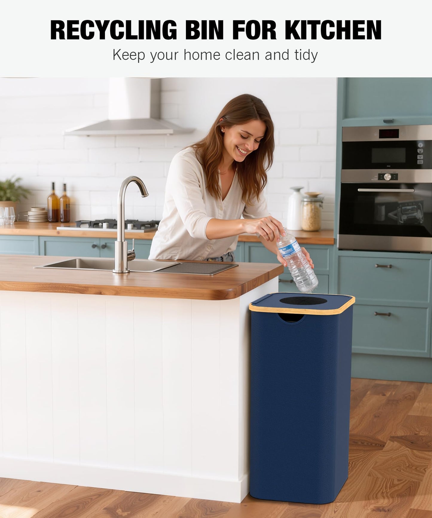 Recycling Bins for Kitchen, 26 Gallon (100L) Recycle Bin with lid, Indoor Oxford Fabric Recycling Trash Can with 2 Pack Removeable and Reusable Inner Bags for Bottle Can Glass Plastic Sticker, Blue