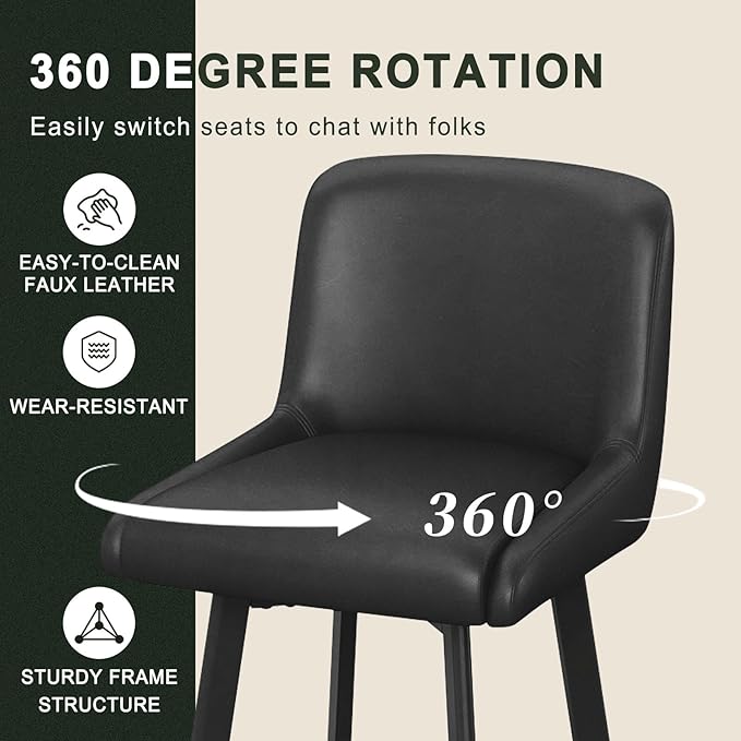 Swivel Bar Stools, 26''H Upholstered Barstools with Backs, Modern Counter Height Bar Stool Chairs for Kitchen Island, Metal Legs (Black- Faux Leather, Set of 2-26" H)
