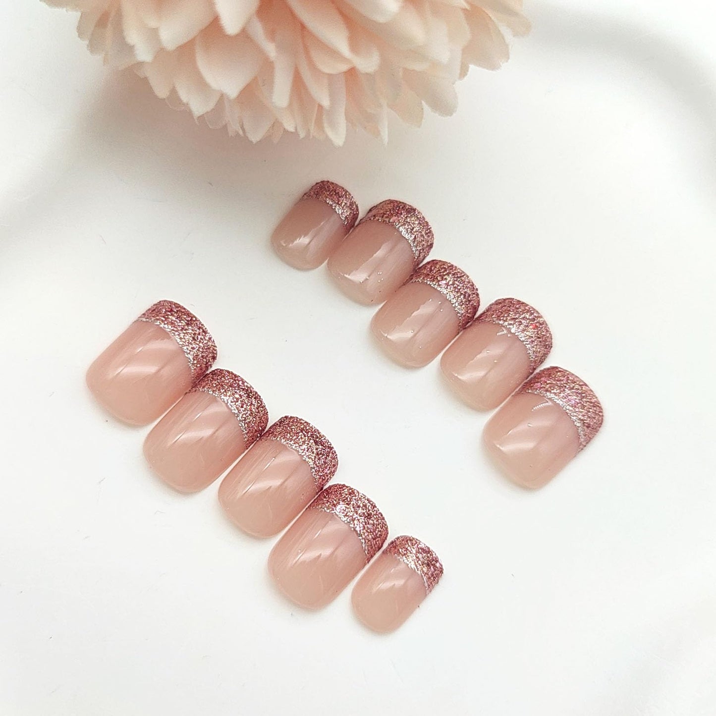 French Tip Press on Nails Short Square Fake Nails with Glitter Designs Nails Press ons Nude Glue on Nails Glossy Acrylic Nails Simple False Nails Cute Stick on Nails for Women 24Pcs