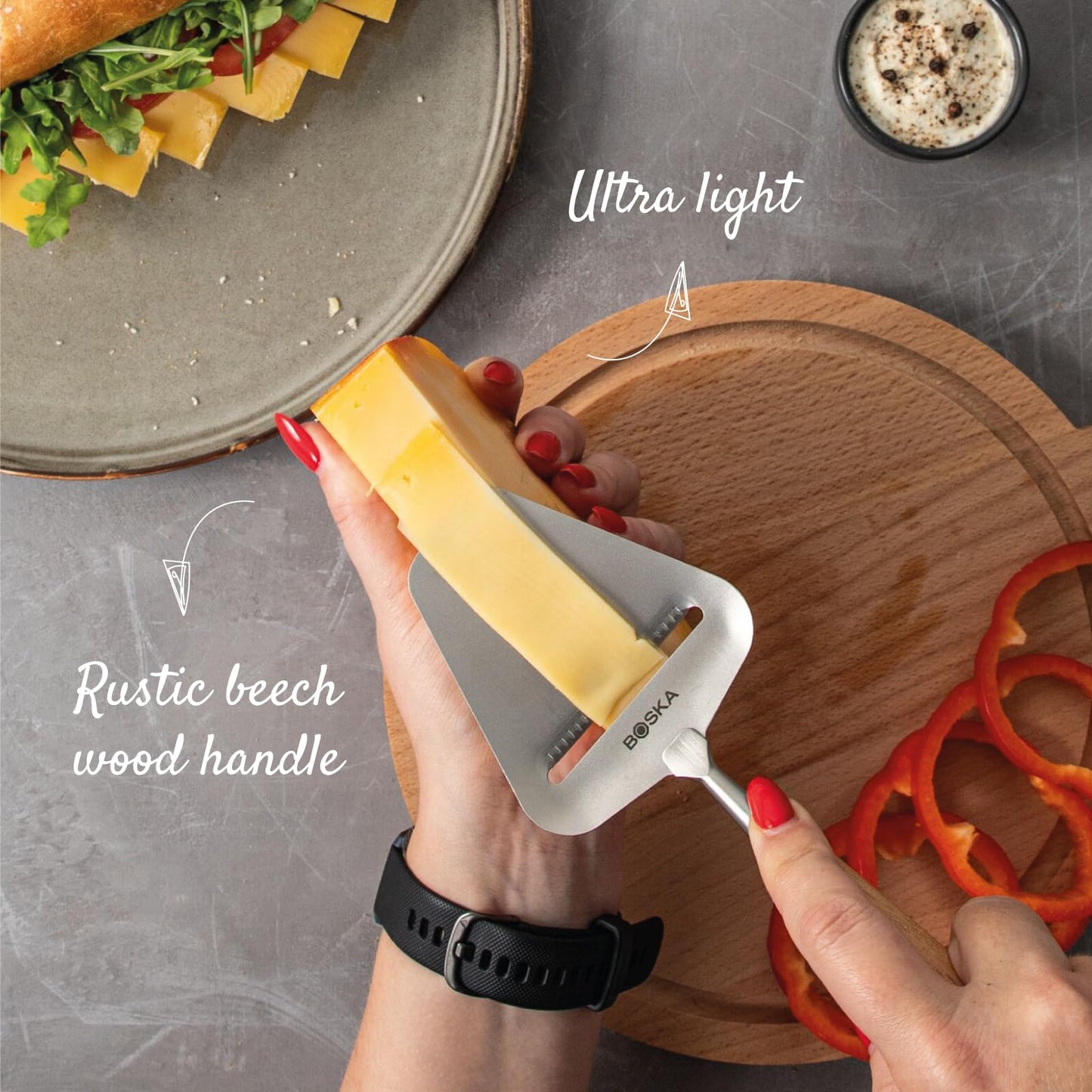 Boska Cheese Slicer Amigo - Slicer for Mature and Aged Cheese - Ergonomic Handle - Stainless Steel - Beech Wood - Non-stick Thanks to BSF Treatment - Also for Slicing Vegetables